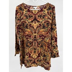 JJill Womens M Burgundy Gold Paisley Print Long Sleeve Tunic Top